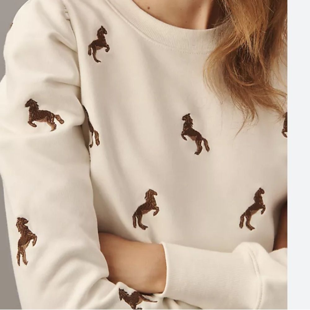 Maeve Puff-Sleeve Embroidered Sweatshirt Equestrian Horse Ivory Print - Picture 4 of 8
